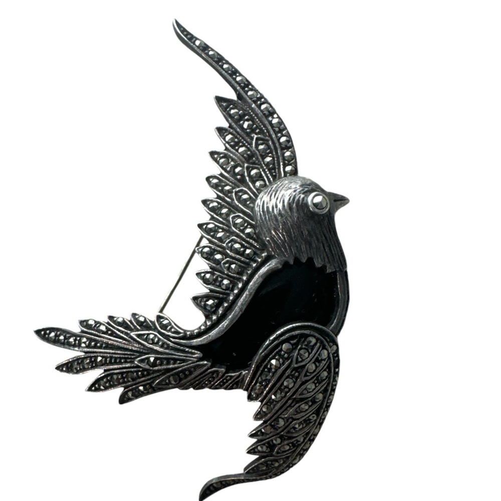 Vintage Brooch Sterling Marcassites Onyx Bird